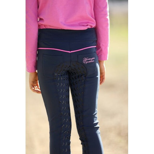 Huntington Girls Pull-On Full Seat Gel Stretch Breeches - Navy/Pink - Pet And Farm