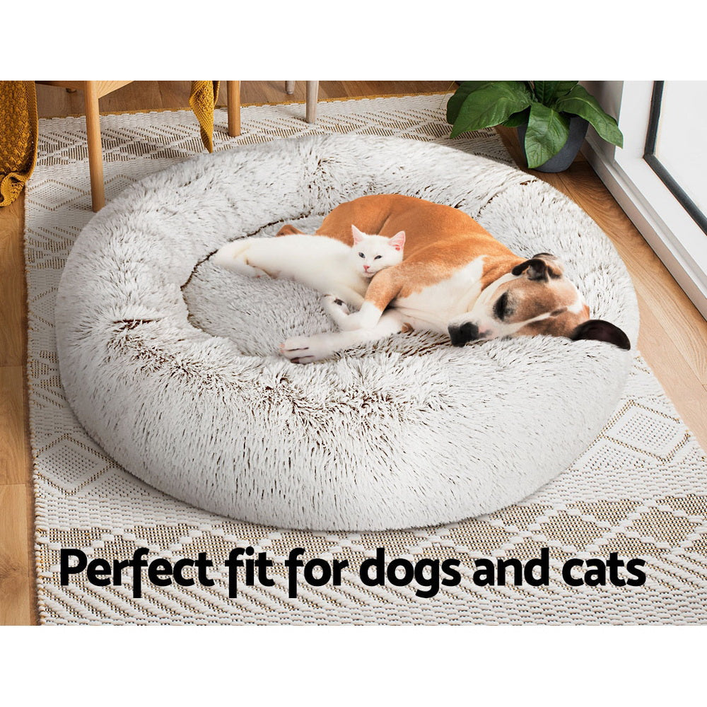 i.Pet Pet Bed Dog Cat 90cm Large Calming Soft Plush White Brown - Pet And Farm 