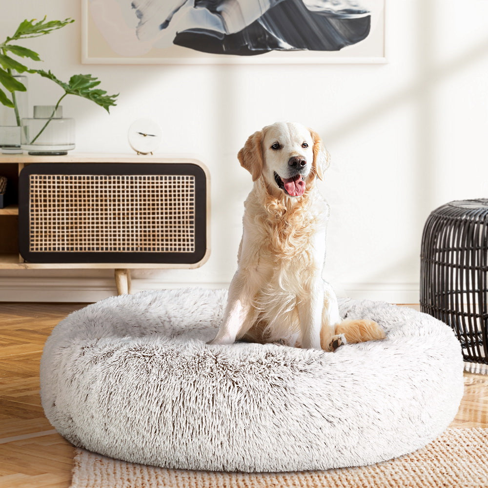 i.Pet Pet Bed Dog Cat 90cm Large Calming Soft Plush White Brown - Pet And Farm 