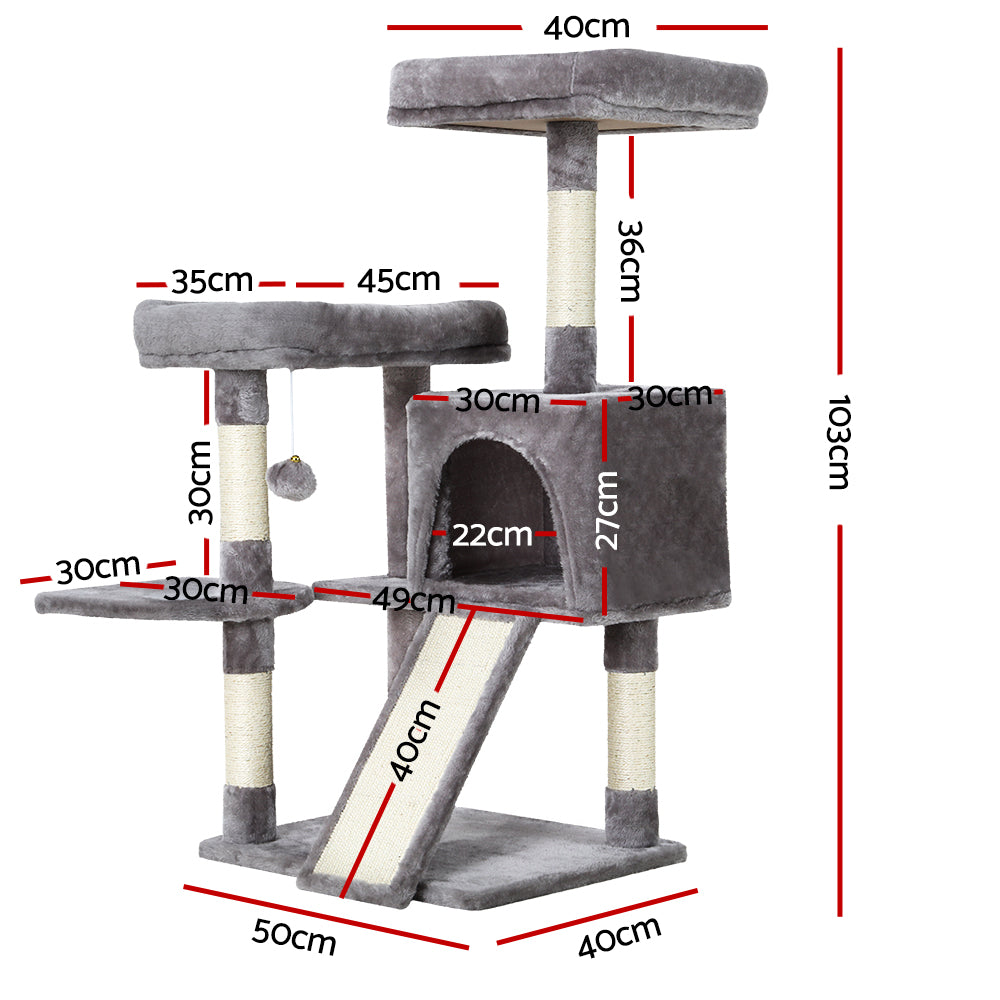i.Pet Cat Tree 103cm Tower Scratching Post Scratcher Wood Condo House Trees Grey - Pet And Farm 