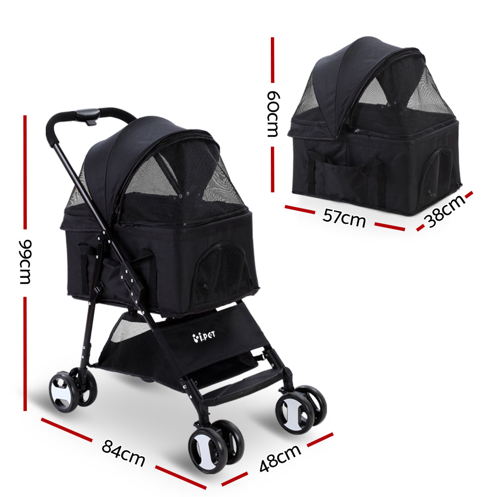 i.Pet Pet Stroller Dog Carrier Foldable Pram 3 IN 1 Middle Size Black - Pet And Farm 