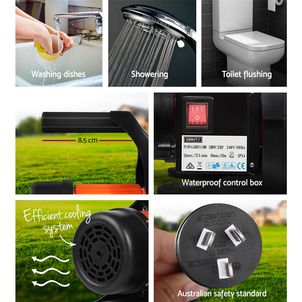 Giantz Garden Water Pump High Pressure 1500W Tank Rain Farm Irrigation House Yellow - Pet And Farm 