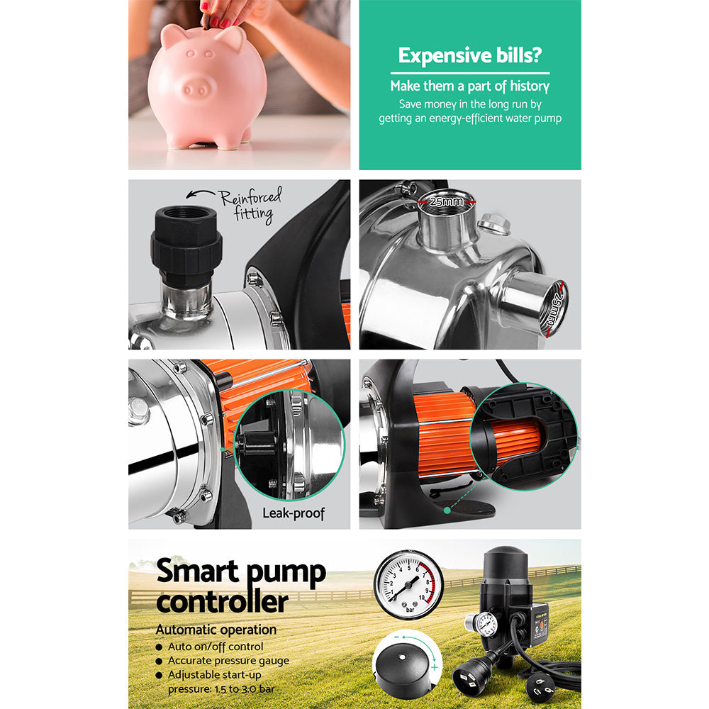 Giantz Garden Water Pump High Pressure 800W Tank Rain Farm Irrigation House Black - Pet And Farm 