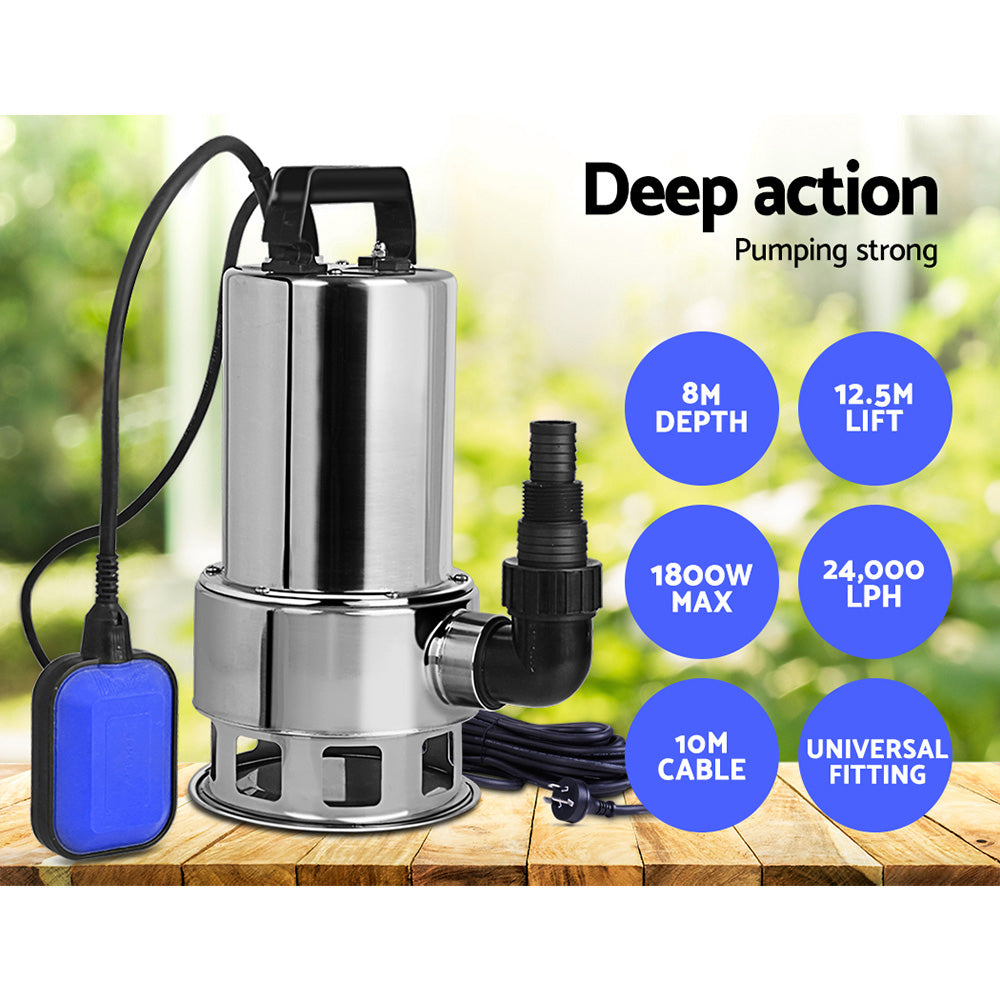 Giantz 1800W Max. Submersible Dirty Water Pump Bore Tank Well Steel Automatic Clean - Pet And Farm 