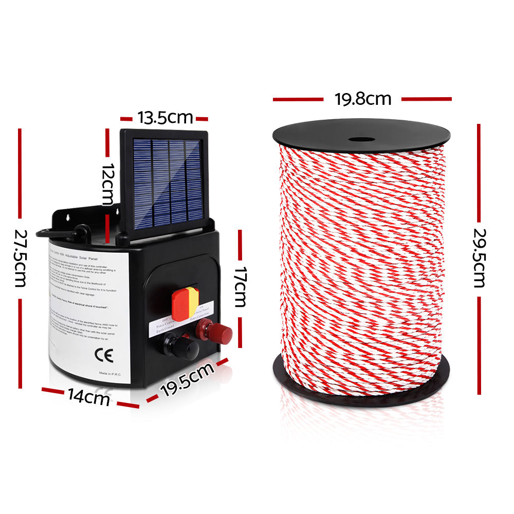 Giantz Electric Fence Energiser 5km Solar Powered Charger + 500m Rope - Pet And Farm 