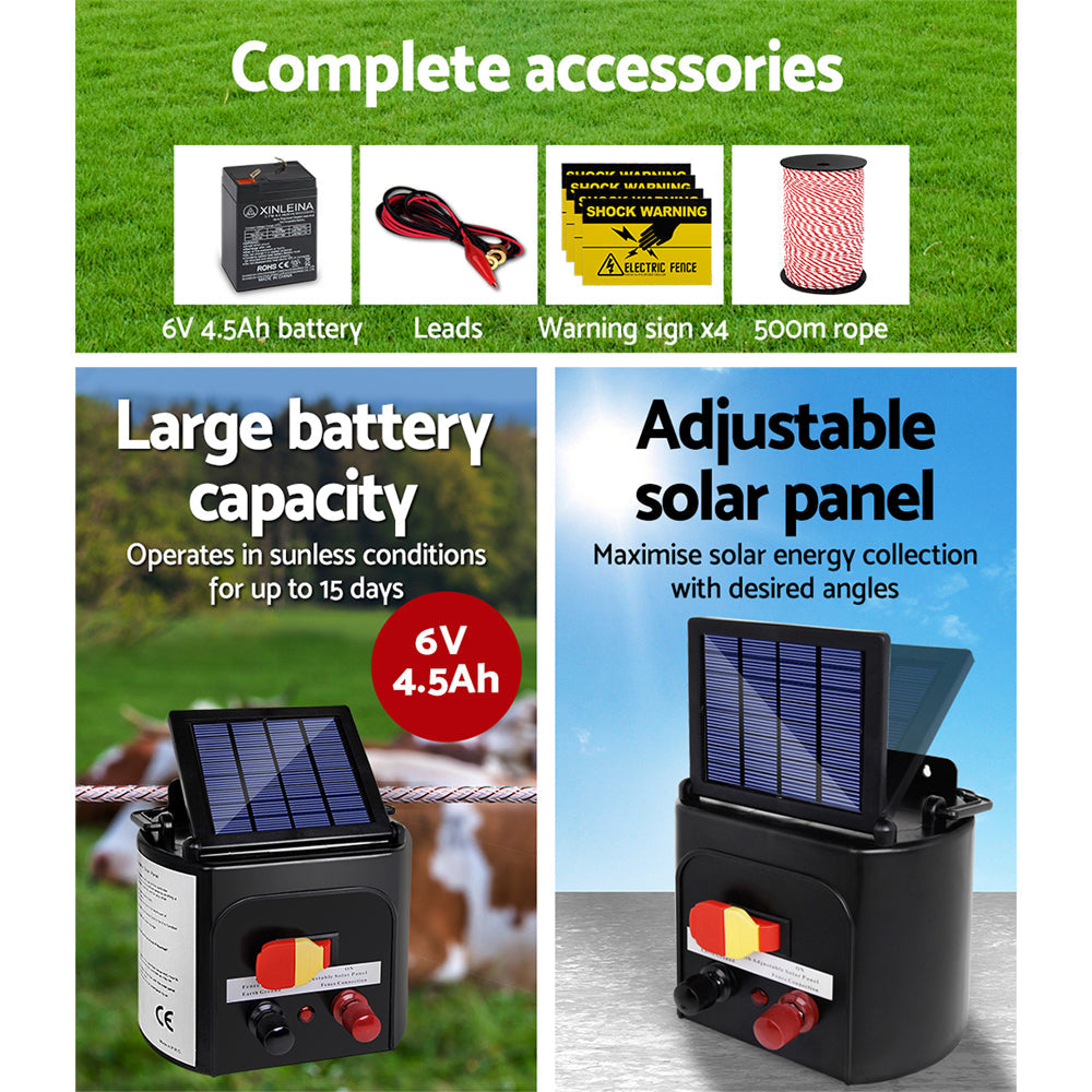 Giantz Electric Fence Energiser 5km Solar Powered Charger + 500m Rope - Pet And Farm 