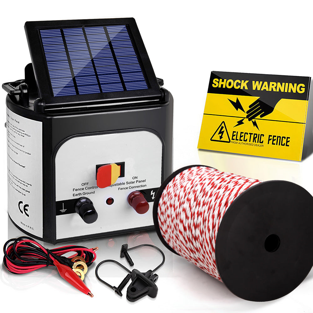 Giantz Electric Fence Energiser 8km Solar Powered Charger + 500m Polytape Rope - Pet And Farm 