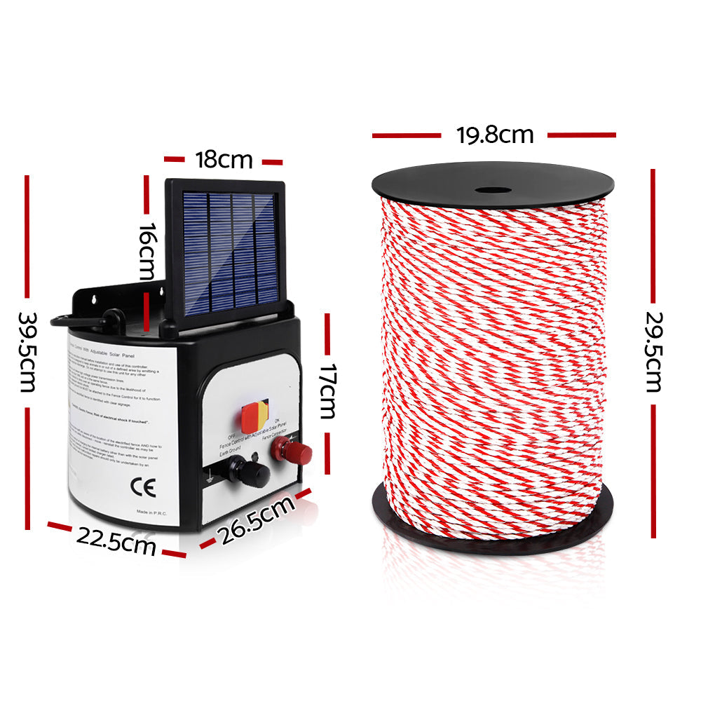 Giantz Electric Fence Energiser 8km Solar Powered Charger + 500m Polytape Rope - Pet And Farm 