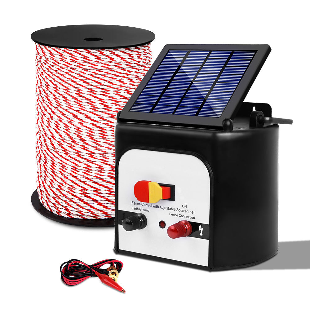 Giantz Electric Fence Energiser 8km Solar Powered Charger + 500m Polytape Rope - Pet And Farm 