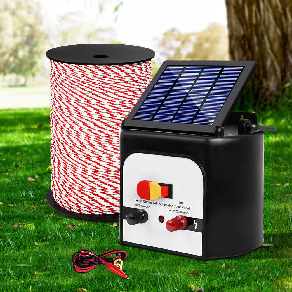 Giantz Electric Fence Energiser 8km Solar Powered Charger + 500m Polytape Rope - Pet And Farm 