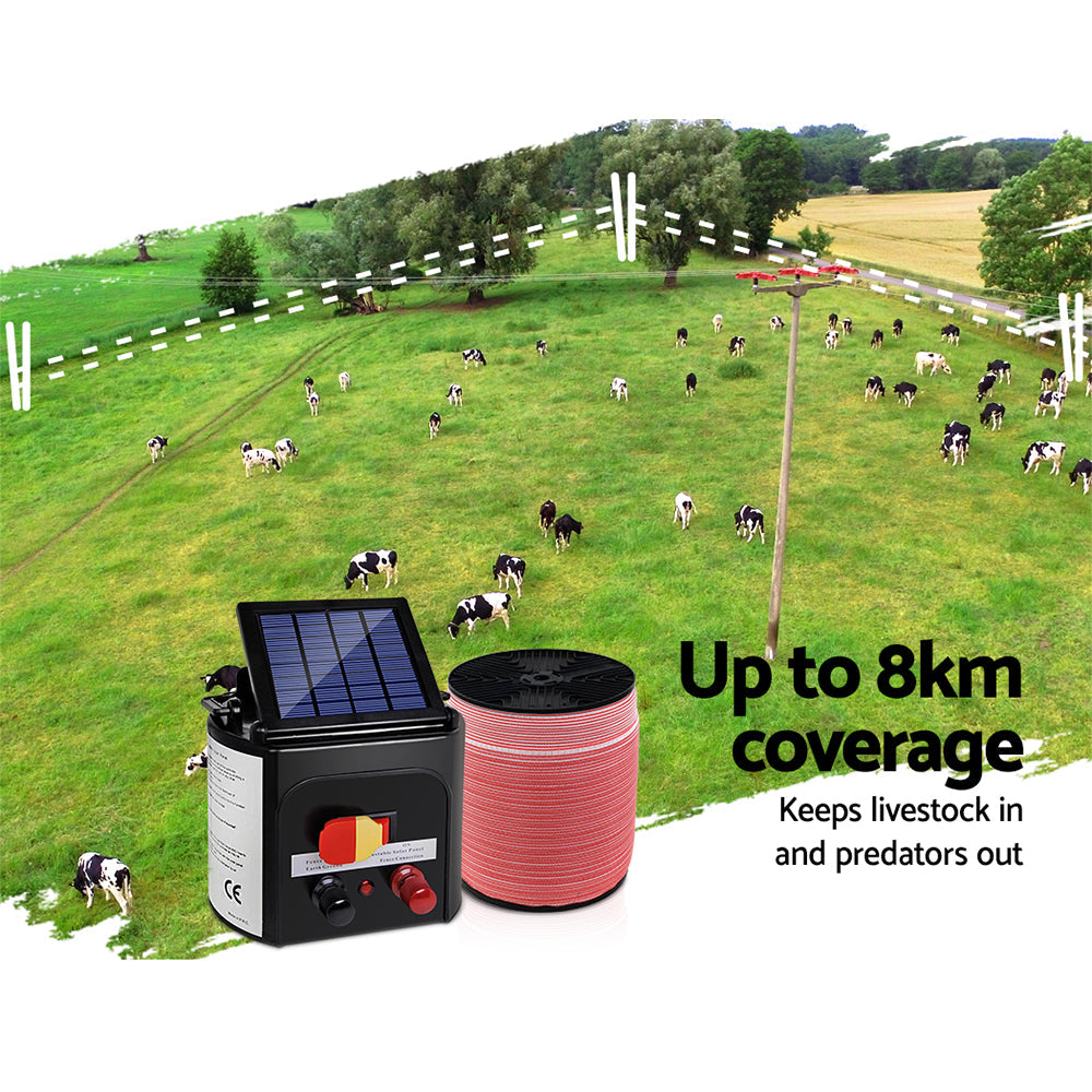 Giantz Electric Fence Energiser 8km Solar Powered Energizer Charger + 1200m Tape - Pet And Farm 