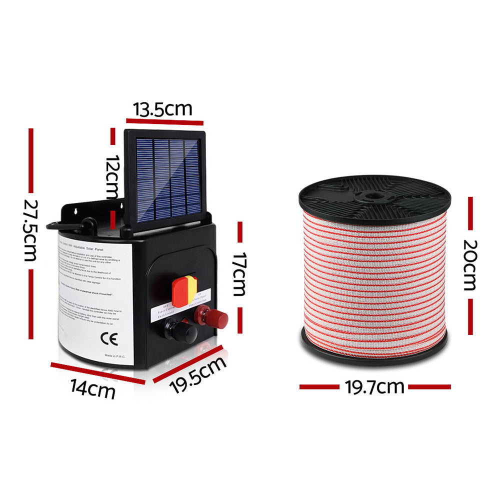 Giantz 3km Solar Electric Fence Energiser Charger with 400M Tape and 25pcs Insulators - Pet And Farm 