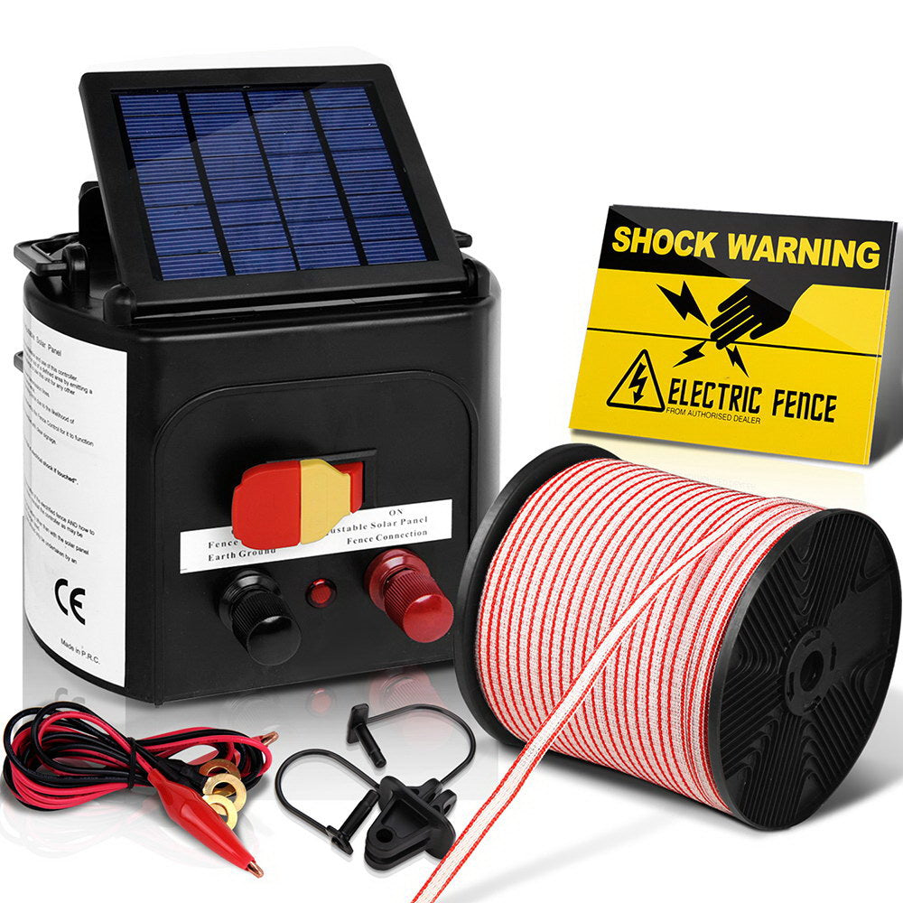 Giantz 5km Solar Electric Fence Energiser Charger with 400M Tape and 25pcs Insulators - Pet And Farm 