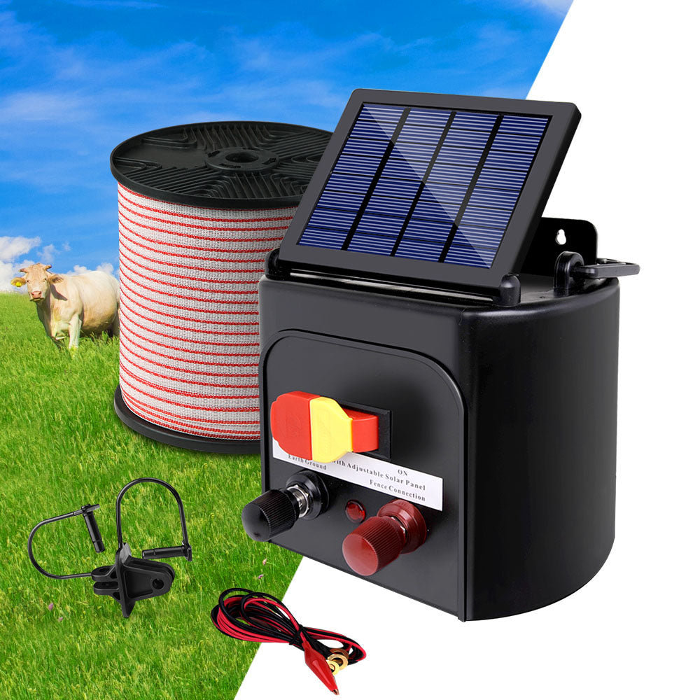 Giantz 5km Solar Electric Fence Energiser Charger with 400M Tape and 25pcs Insulators - Pet And Farm 