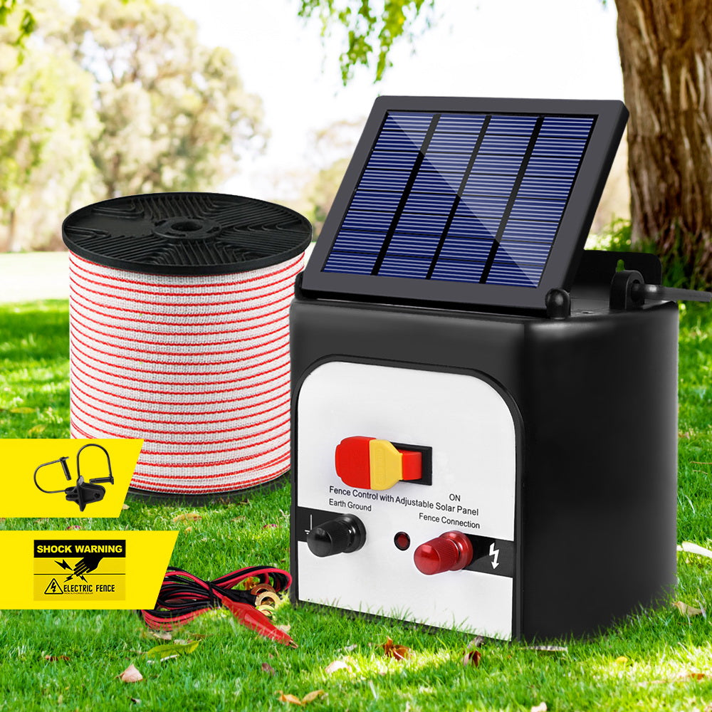 Giantz 8km Solar Electric Fence Energiser Charger with 400M Tape and 25pcs Insulators - Pet And Farm 