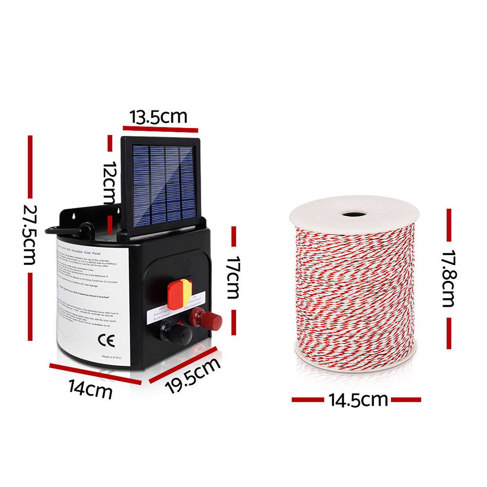 Giantz 3km Solar Electric Fence Energiser Charger with 500M Tape and 25pcs Insulators - Pet And Farm 