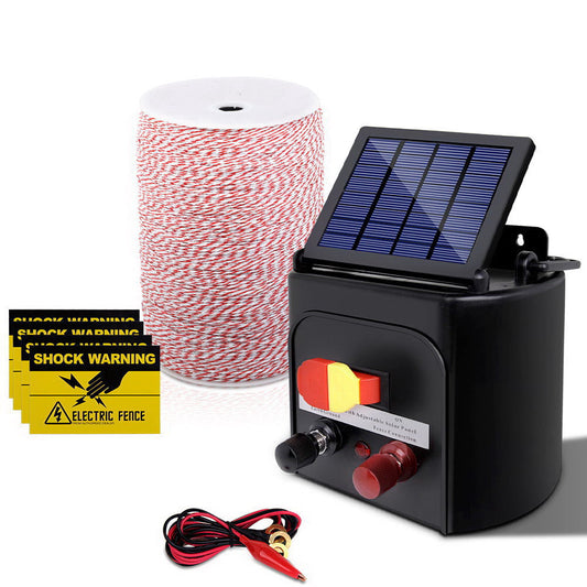 Giantz 5KM Solar Electric Fence Energiser Energizer 0.15J + 2000M Poly Fencing Wire Tape - Pet And Farm