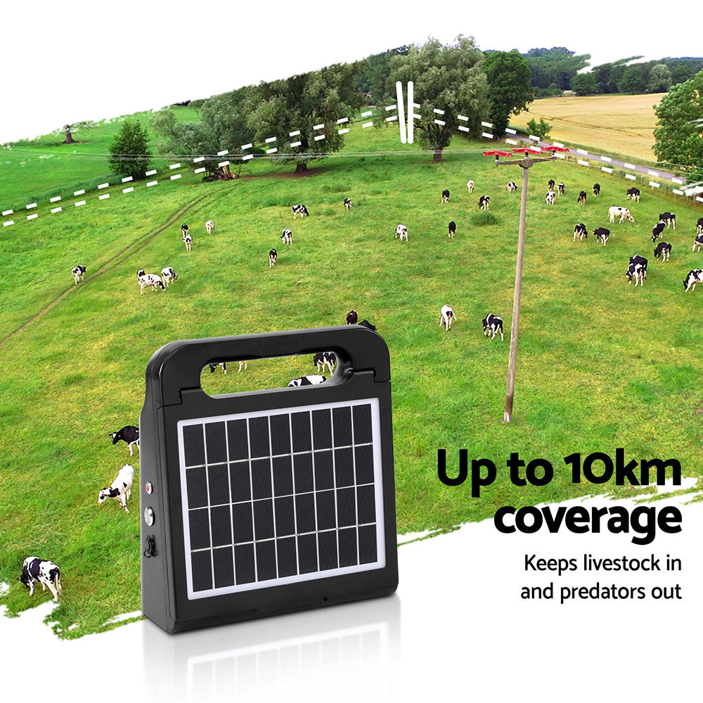 Giantz 10km Electric Fence Energiser Solar Energizer Charger Farm Animal 0.3J - Pet And Farm 