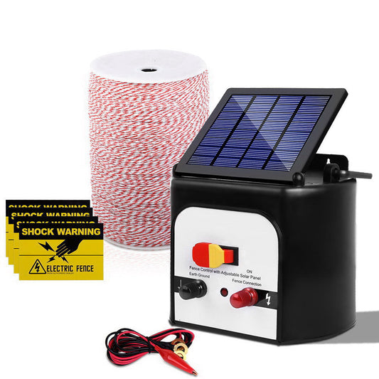 Giantz 8KM Solar Electric Fence Energiser Energizer 0.3J + 2000M Poly Fencing Wire Tape - Pet And Farm