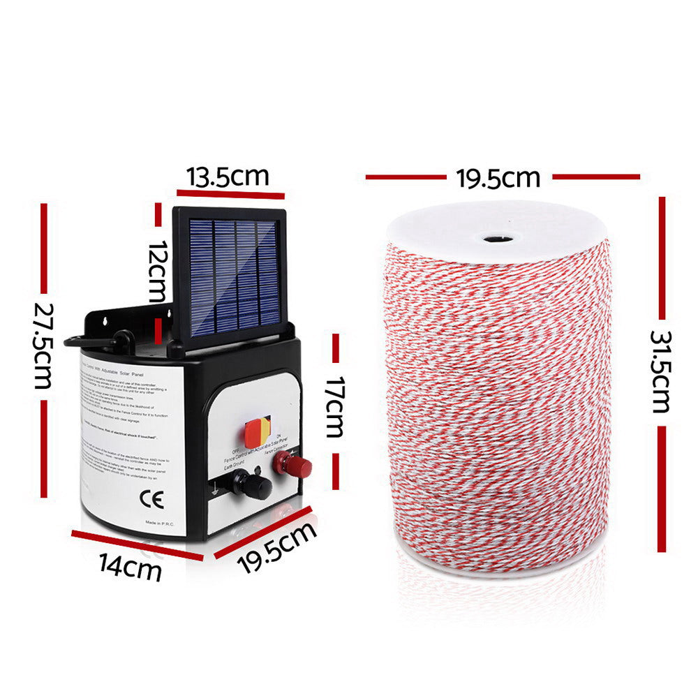 Giantz 8KM Solar Electric Fence Energiser Energizer 0.3J + 2000M Poly Fencing Wire Tape - Pet And Farm 