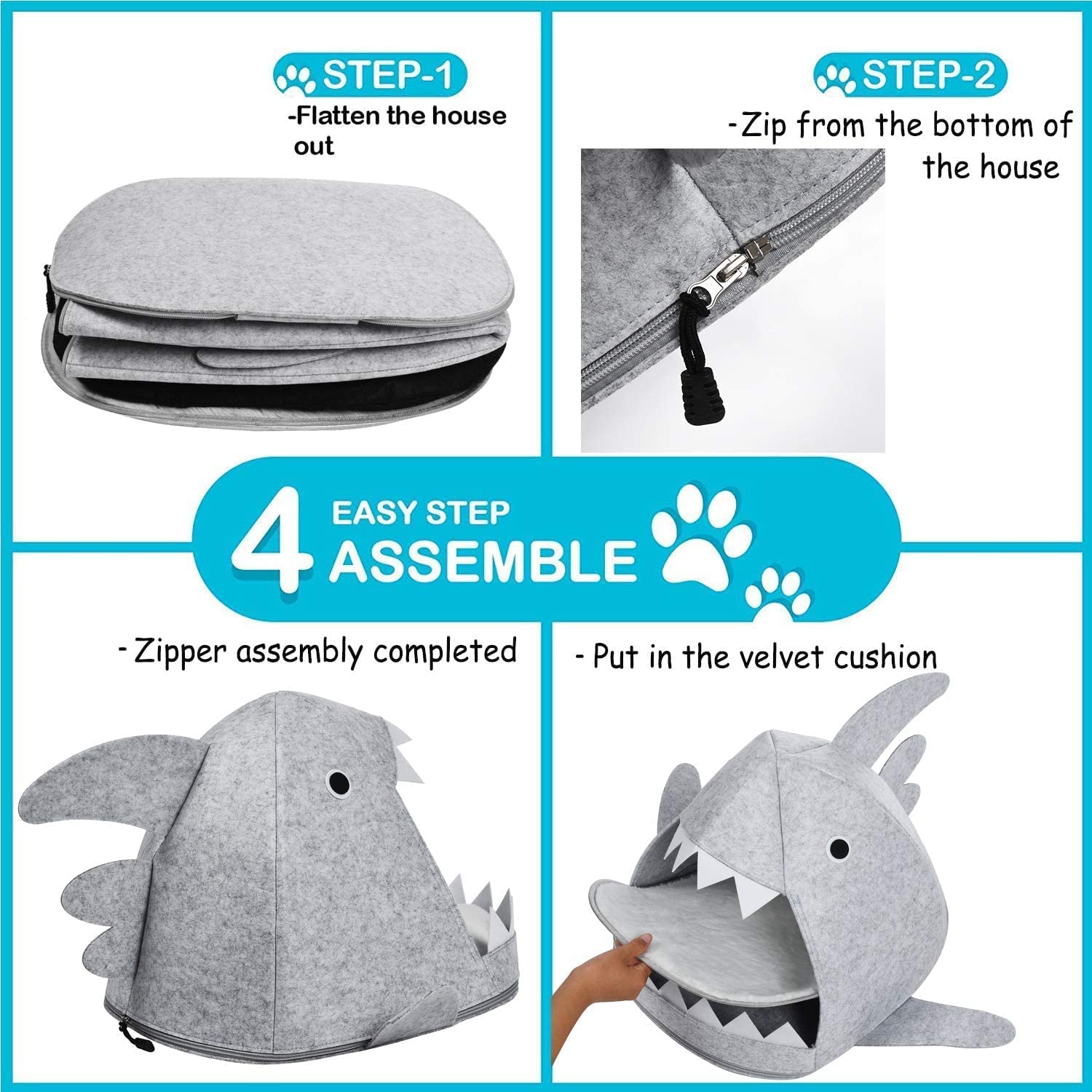 Shark Shape Pet Cave Bed for Cats andSmall Dogs 45 x 45 x 38 cm (Light Grey) - Pet And Farm 