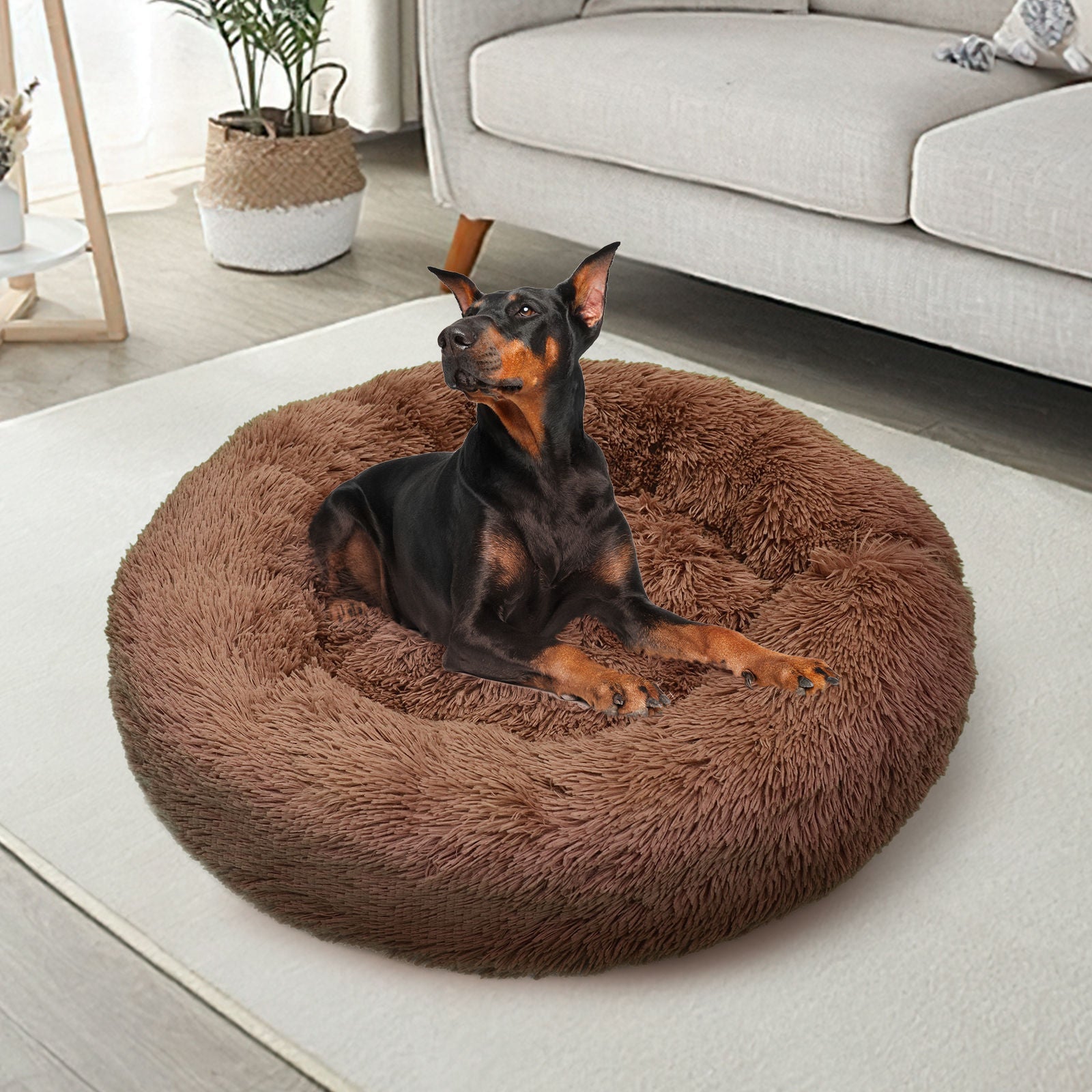 Pet Dog Bedding Warm Plush Round Comfortable Dog Nest Light Coffee Large 90cm - Pet And Farm 