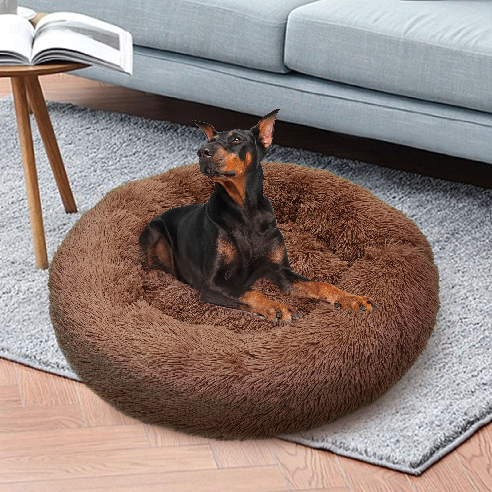 Pet Dog Bedding Warm Plush Round Comfortable Dog Nest Light Coffee Large 90cm - Pet And Farm 