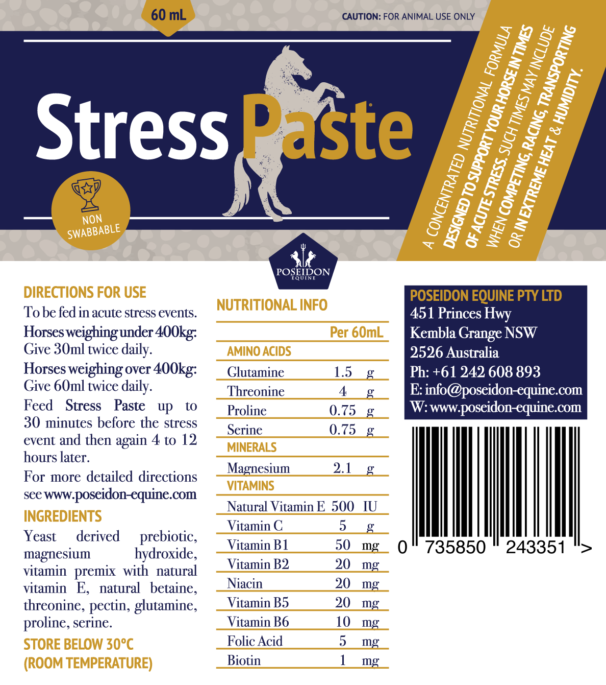 Poseidon Equine Stress Paste 60ml - Pet And Farm 