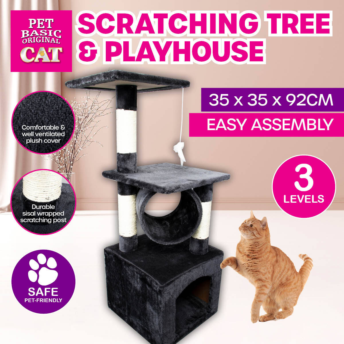 Pet Basic 3 Level Cat Scratch Tree &amp; Playhouse Fun Climb Rest 92 x 35cm - Pet And Farm 