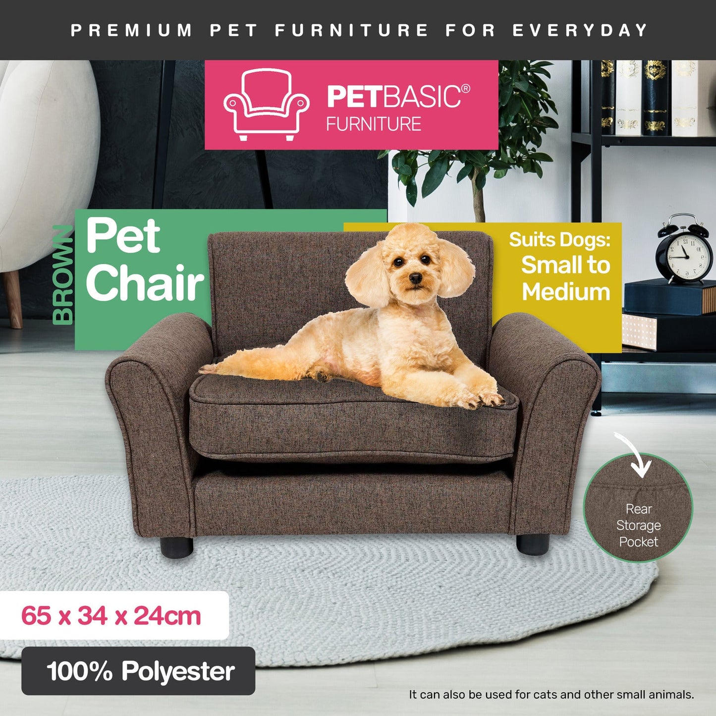 Pet Basic Pet Chair Bed Stylish Luxurious Sturdy Washable Fabric Brown 65cm - Pet And Farm 