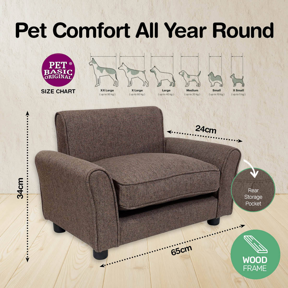 Pet Basic Pet Chair Bed Stylish Luxurious Sturdy Washable Fabric Brown 65cm - Pet And Farm 