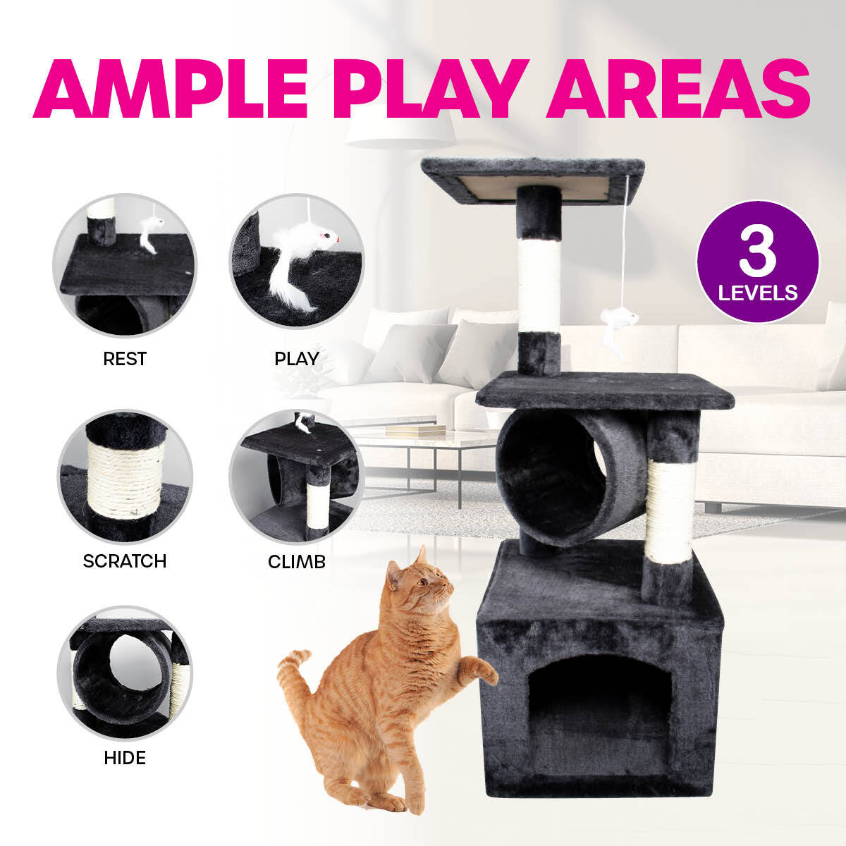 Pet Basic 3 Level Cat Scratch Tree &amp; Playhouse Fun Climb Rest 92 x 35cm - Pet And Farm 