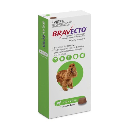 Bravecto Medium Dog Green 10-20KG 1pk Chew Treatment - Pet And Farm 