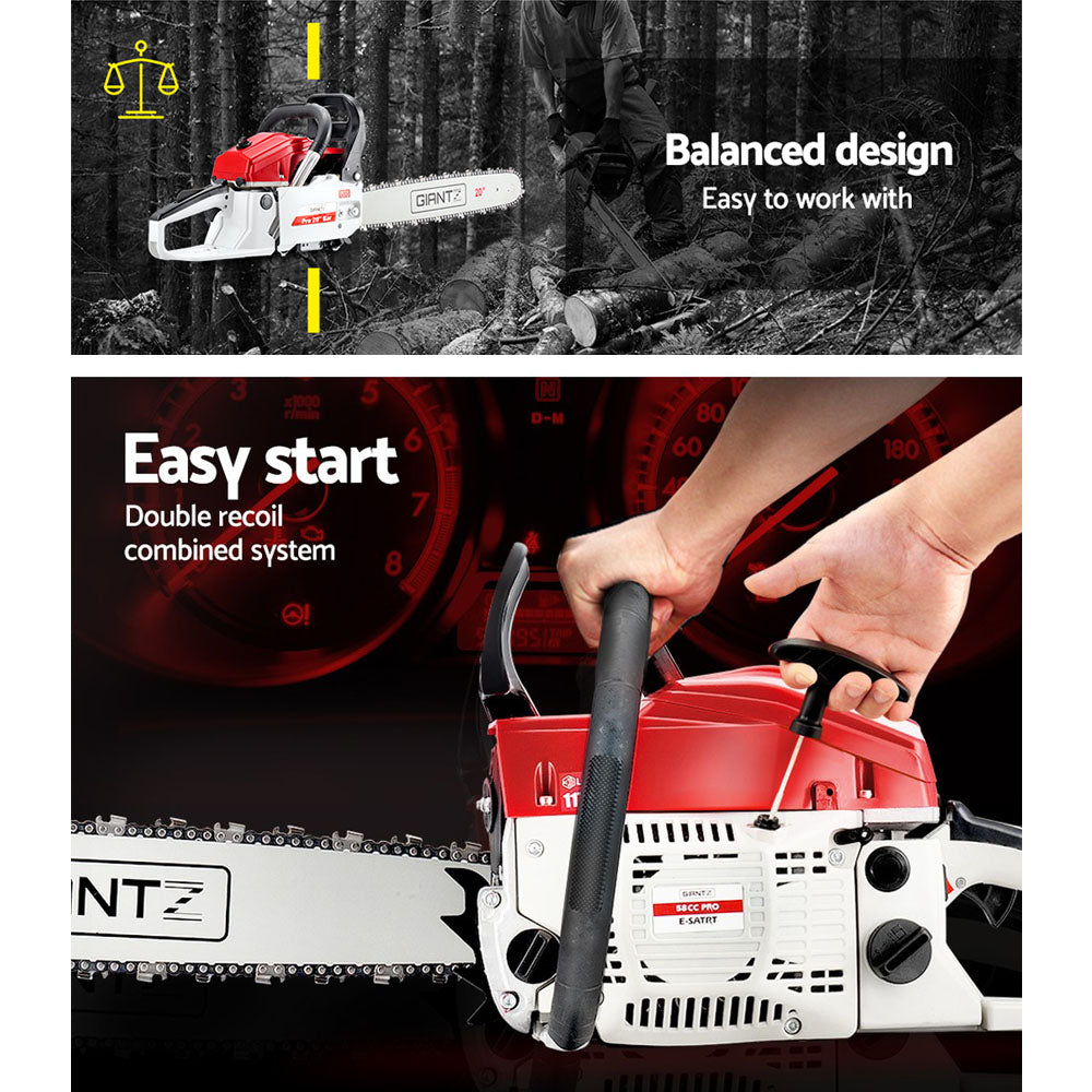 Giantz 58CC Commercial Petrol Chainsaw - Red & White - Pet And Farm 