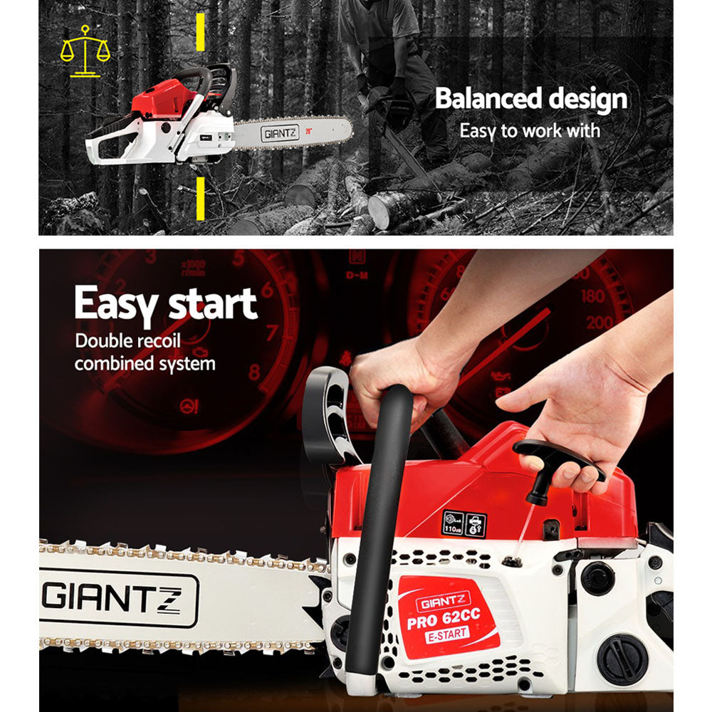 Giantz 62CC Commercial Petrol Chainsaw - Red & White - Pet And Farm 