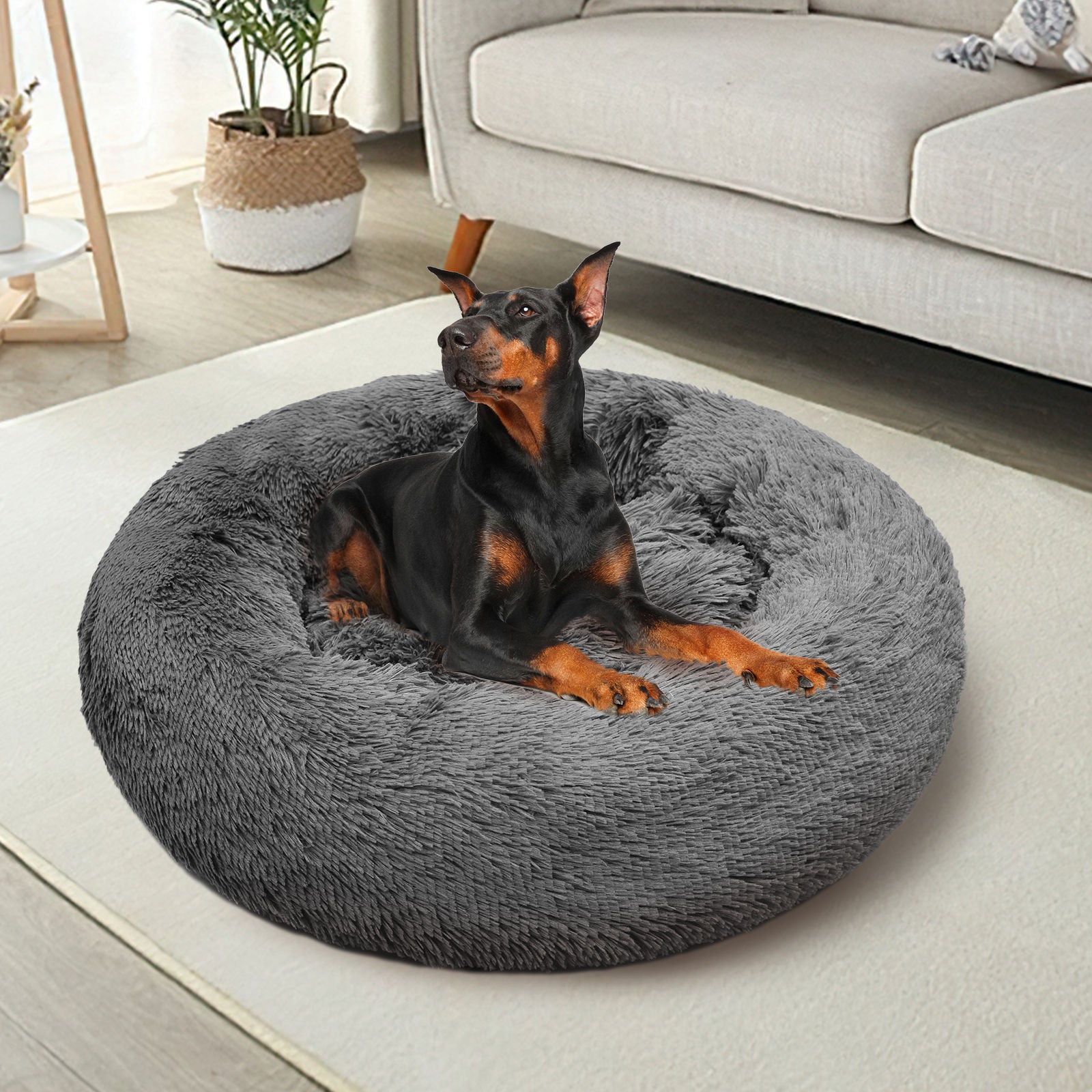 Dog Pet Cat Calming Bed Warm Plush Round  Nest Comfy Sleeping Bed Dark Grey 90cm - Pet And Farm 