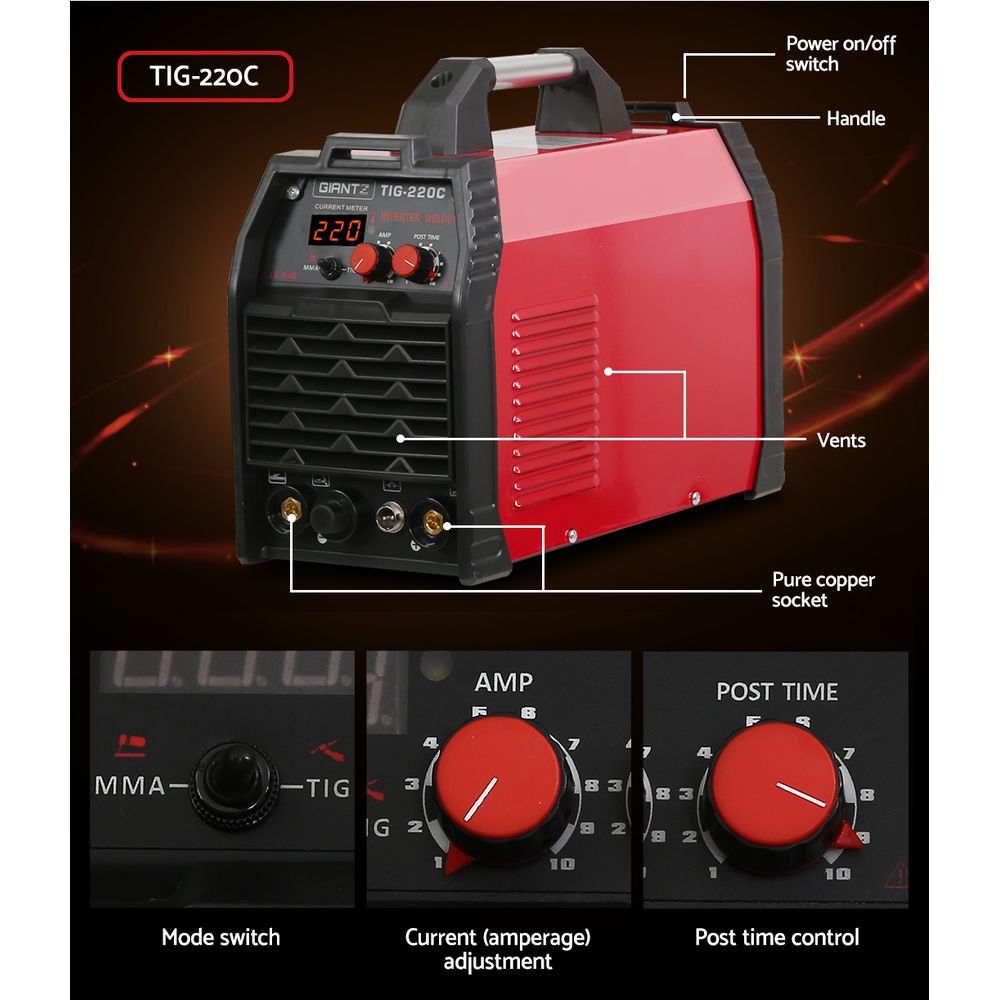 Giantz 220 Amp Inverter Welder TIG MMA ARC DC Gas Welding Machine Stick Portable - Pet And Farm 
