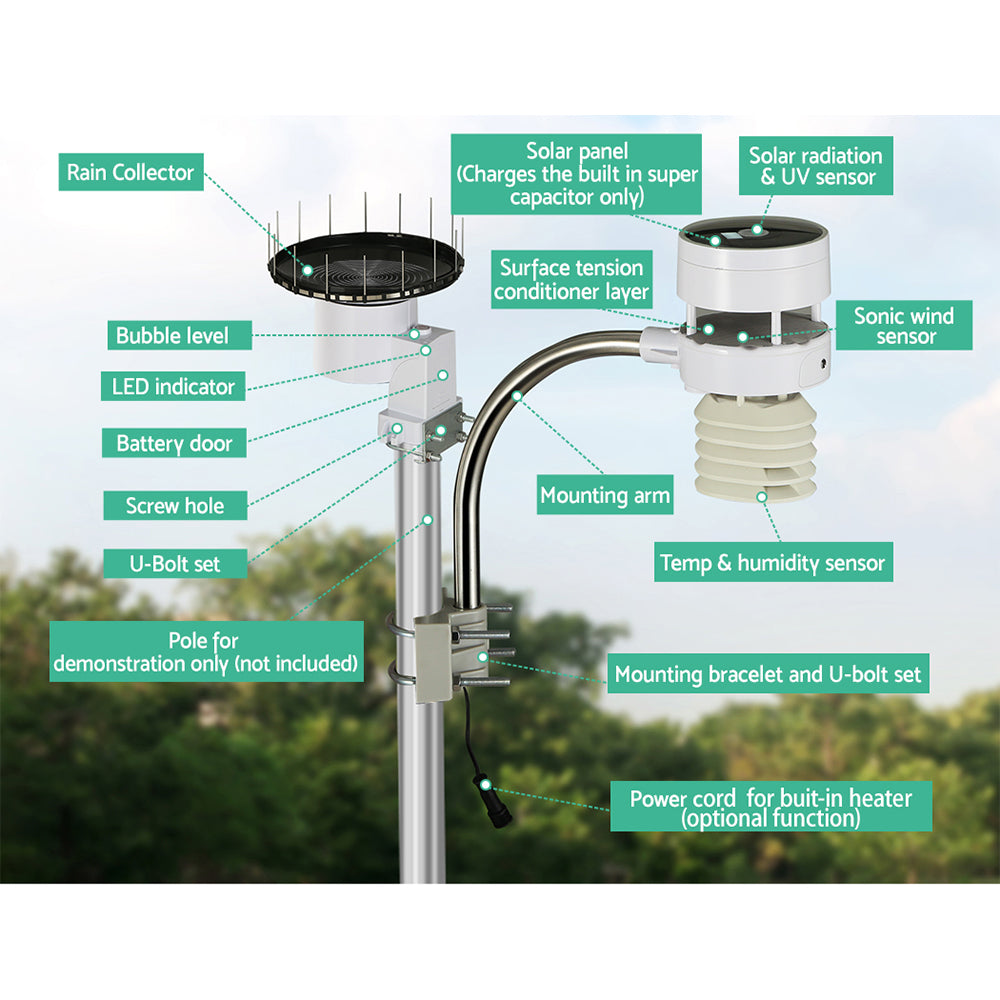 Devanti Weather Station Ultrasonic Anemometer Outdoor WiFi Rain Gauge Solar - Pet And Farm 