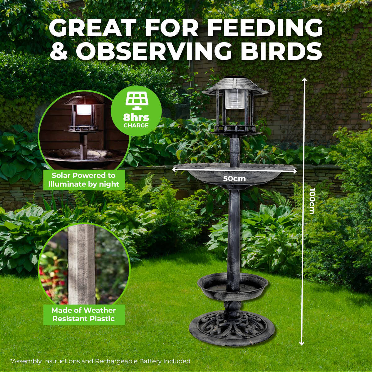 Garden Greens 1M Bird Bath Solar Power With Feeding Station and Lights - Pet And Farm 