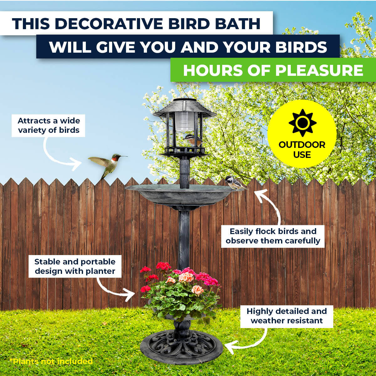 Garden Greens 1M Bird Bath Solar Power With Feeding Station and Lights - Pet And Farm 